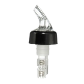 Bec verseur pour bouteille de bar sur fond blanc, vue de face avec bouchon noir et embout verseur transparent.