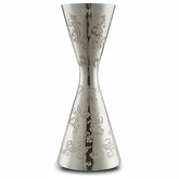Double doseur à cocktail en inox poli, gravé de motifs floraux, gradué 15 ml, 30 ml et 45 ml, présenté sur fond blanc.