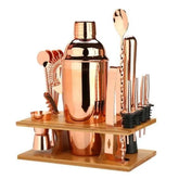 Kit cocktail cuivre complet sur son support en bois : shaker, doseur, pince, cuillère et accessoires