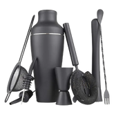Kit cocktail débutant complet : shaker, doseur, passoires, pilon et cuillère à mélange noirs sur fond transparent