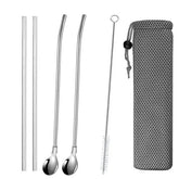 Kit de 2 pailles-cuillères et 2 pailles classiques en inox avec pochette de rangement et goupillon de nettoyage