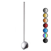 Paille-cuillère en inox coloris argenté présentée seule sur fond blanc, avec les sept teintes disponibles en médaillons à droite.