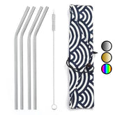Kit de quatre pailles en inox argentées courbées avec goupillon de nettoyage et pochette de rangement à motifs bleus