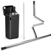 Kit complet de paille pliable en métal avec étui de rangement noir, brosse de nettoyage et paille présentée pliée et dépliée