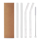 Lot de 4 pailles en verre pour smoothie, 2 courbées et 2 droites, avec goupillon de nettoyage et boîte kraft.