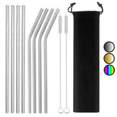 Kit de huit pailles fines en inox argenté, droites et courbées, avec deux goupillons de nettoyage et pochette de rangement noire