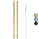 Deux pailles cocktail dorées en inox avec goupillon de nettoyage et nuancier des coloris doré, irisé et noir disponibles
