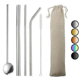 Kit de pailles pour cocktail en inox argenté accompagné d'un nuancier présentant les cinq coloris disponibles