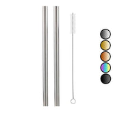Deux pailles smoothie en inox argenté avec brosse de nettoyage et nuancier des coloris disponibles