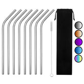 Lot de 8 pailles cocktail courbées en inox argenté avec brosse de nettoyage et pochette noire, coloris disponibles présentés en médaillons.