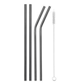 Quatre pailles cocktail noires en inox, deux droites et deux courbées, avec leur goupillon de nettoyage sur fond blanc.