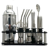 Set Cocktail Luxe complet assemblé sur son support noir avec shaker, doseurs, pailles et accessoires en inox