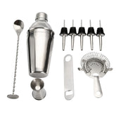 Set complet d'accessoires à cocktail avec shaker, doseur, cuillère à mélange, becs verseurs, ouvre-bouteille et passoire à glaçons