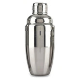 Shaker cocktail classique en inox brossé, trois pièces assemblées, vue de face sur fond blanc.
