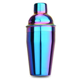 Shaker à cocktail multicolore irisé en inox, assemblé, vue de face sur fond blanc.