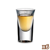 Verre à shot design rempli d'alcool ambré, visuel du lot de six verres