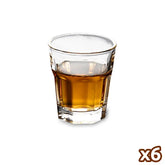 Lot de six verres à shot facettés Picardie, présentés sur fond blanc avec un verre rempli d'alcool ambré et une pastille indiquant x6.