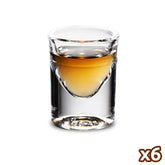 Lot de six verres à shot à fond bombé pour whisky, présentés avec un verre rempli posé devant les autres sur fond blanc.