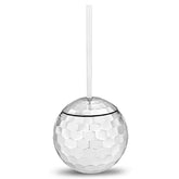 Verre à cocktail boule disco argenté avec paille transparente, photographié de face sur fond blanc