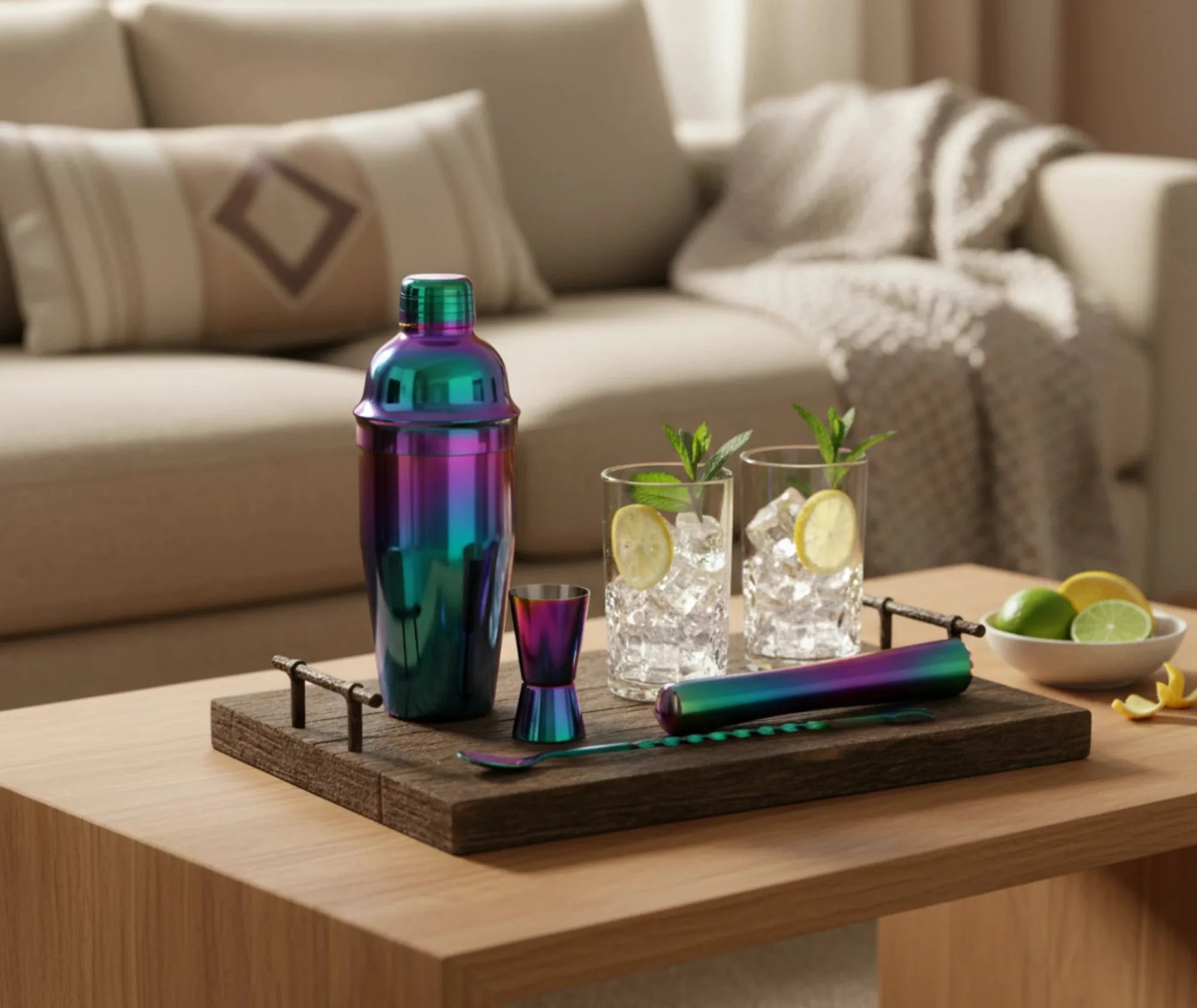 Set cocktail 4 pièces posé sur un plateau en bois dans un salon, accompagné de deux verres de mojito à la menthe et au citron.