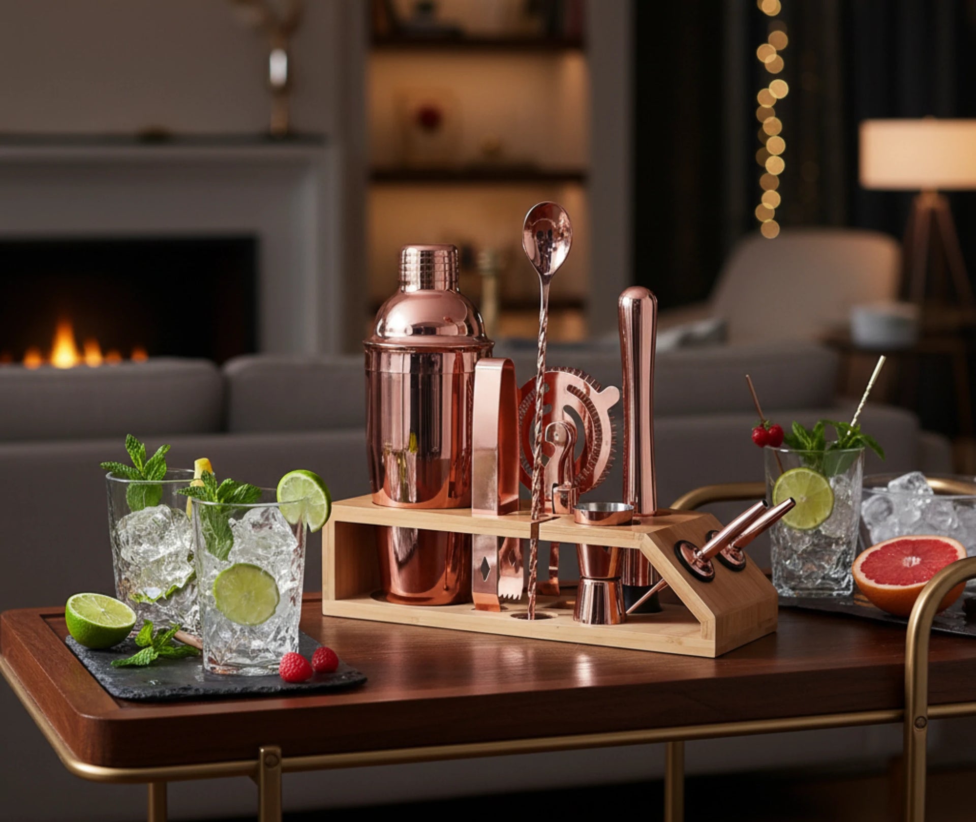 Kit cocktail complet 9 pièces Rose Gold - vue de l'ensemble