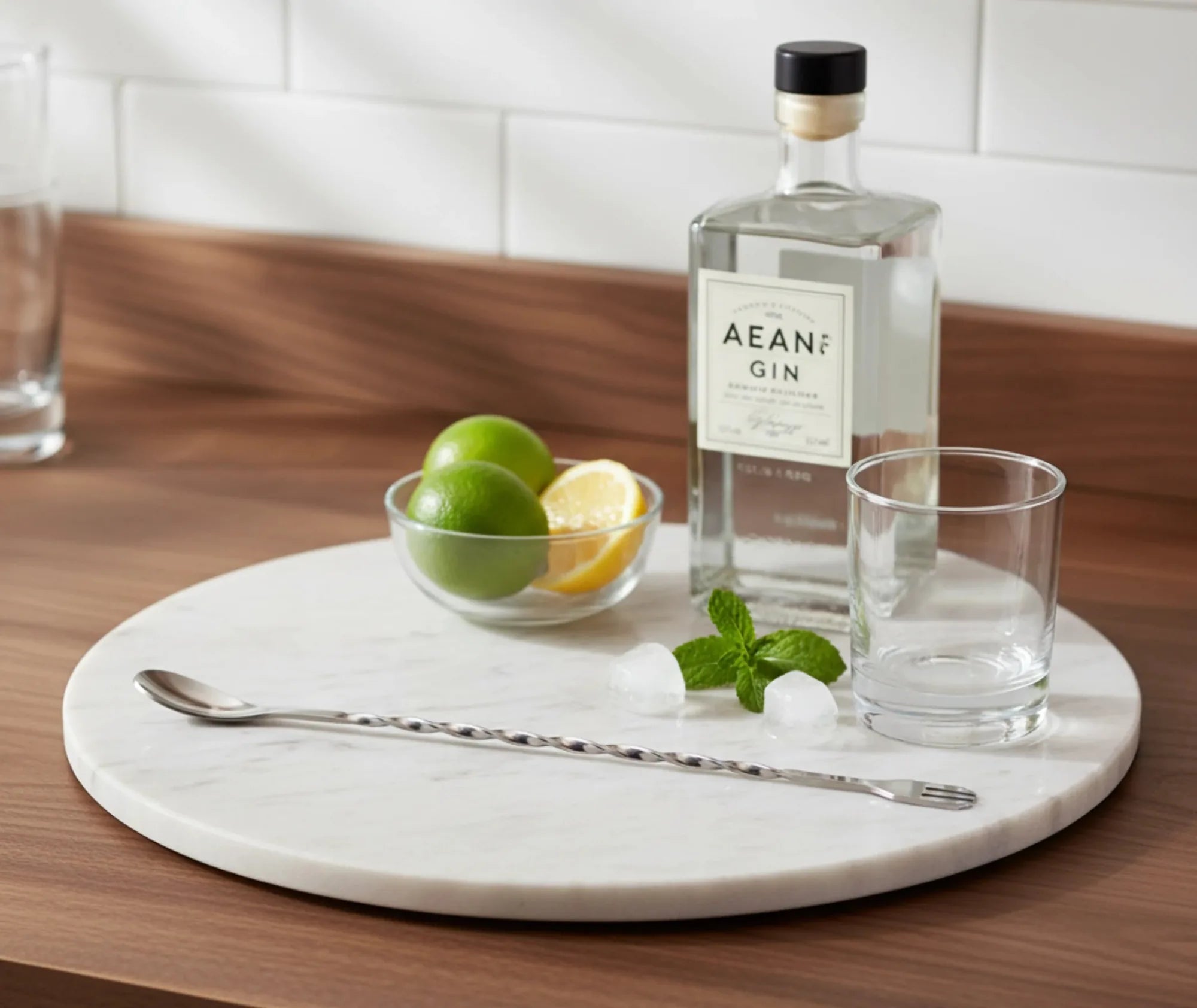 Cuillère à cocktail posée sur un plateau en marbre avec bouteille de gin, verre, citrons verts, menthe et glaçons