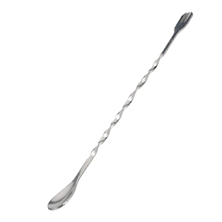 Cuillère à cocktail torsadée en inox, vue d'ensemble avec extrémité cuillère et fourchette