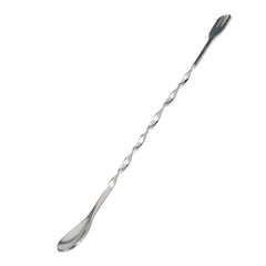 Cuillère à cocktail torsadée en inox, vue d'ensemble avec extrémité cuillère et fourchette
