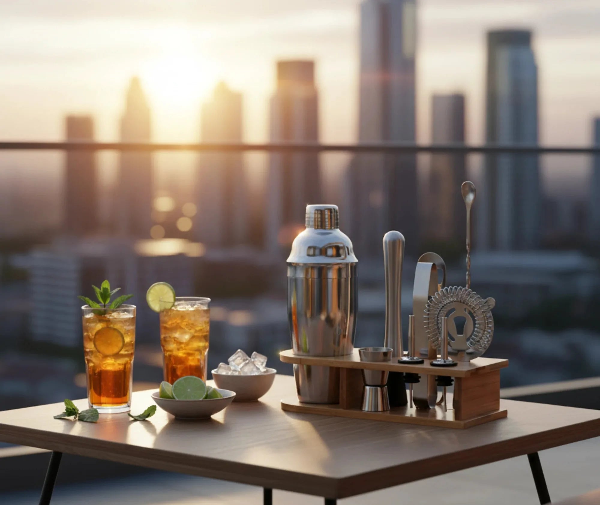 Kit cocktail posé sur une table avec deux cocktails glacés au citron vert et à la menthe, sur une terrasse au coucher du soleil face à un skyline urbain.