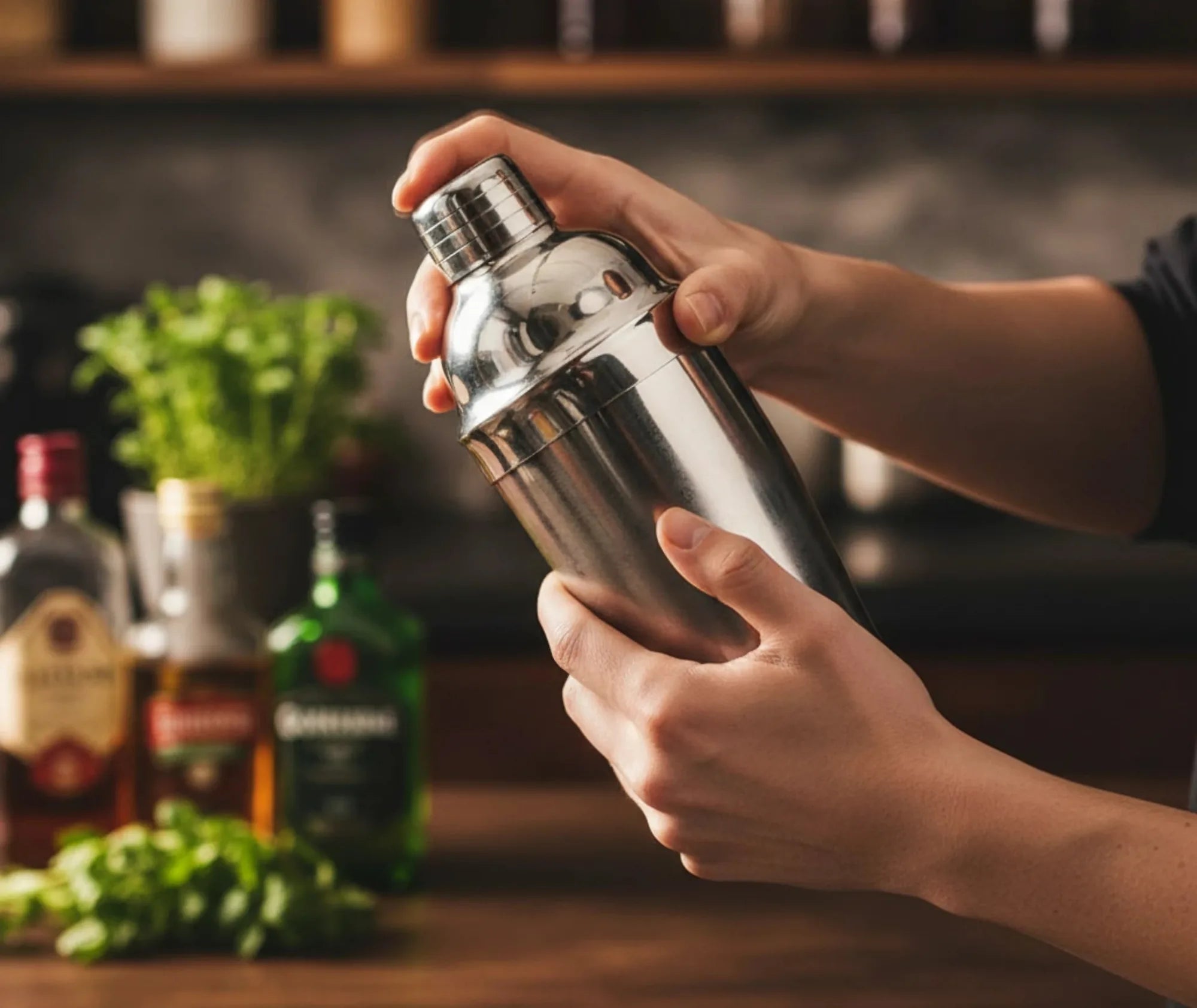 Mains tenant et secouant le shaker à cocktail devant des bouteilles de spiritueux et des herbes fraîches sur un bar en bois.