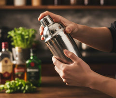 Mains tenant et secouant le shaker à cocktail devant des bouteilles de spiritueux et des herbes fraîches sur un bar en bois.
