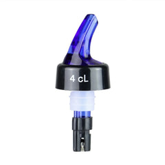 Bec verseur doseur 4 cl avec embout bleu et bague noire, présenté seul sur fond blanc.