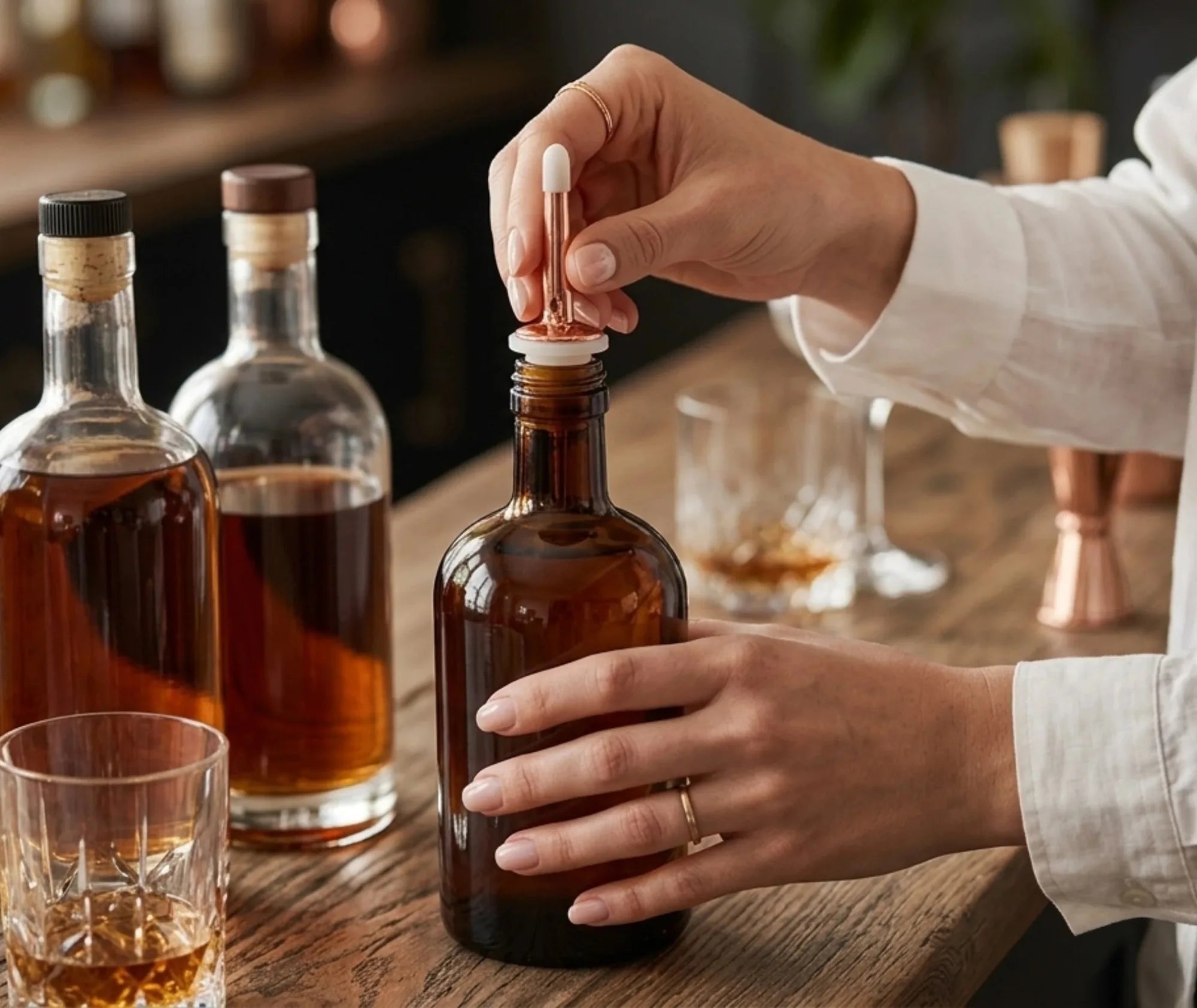 Une main insère un bec verseur or rose sur une bouteille ambrée dans une ambiance de bar chaleureuse.