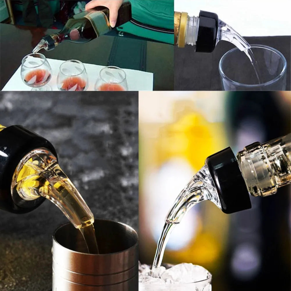 Collage de quatre photos montrant le bec verseur en utilisation : service de shots, versement dans un verre, dans un gobelet métallique et sur glace.