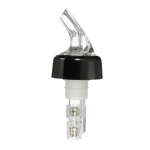 Bec verseur pour bouteille de bar sur fond blanc, vue de face avec bouchon noir et embout verseur transparent.