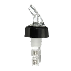 Bec verseur pour bouteille de bar sur fond blanc, vue de face avec bouchon noir et embout verseur transparent.