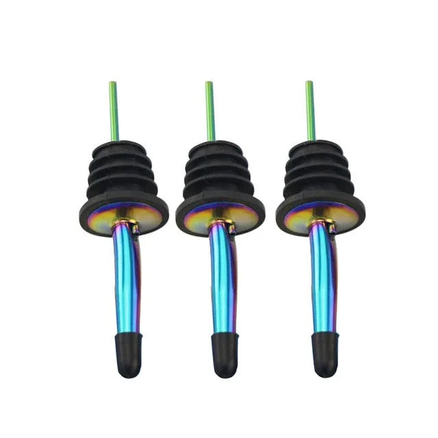 Lot de 3 becs verseurs cocktail iridescents avec embout en caoutchouc noir, présentés sur fond blanc