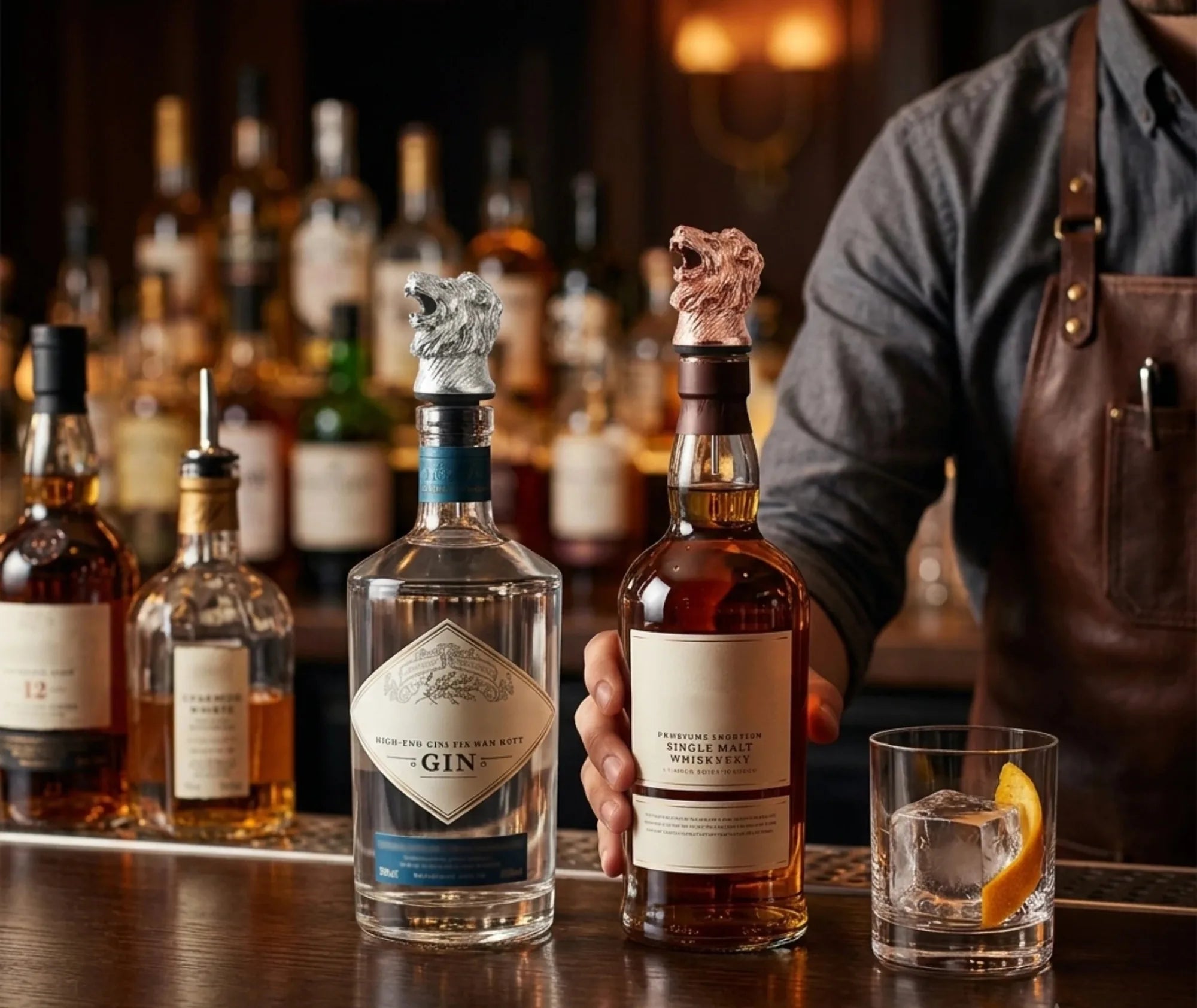 Becs verseurs tête de lion argenté et rose gold installés sur des bouteilles de gin et whisky dans une ambiance de bar