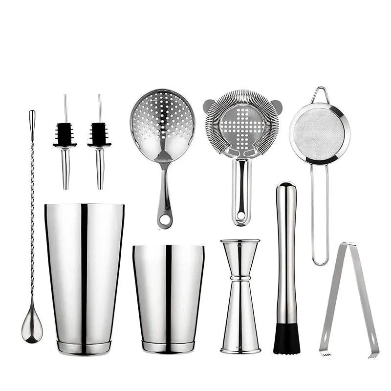 Ensemble complet du kit cocktail shaker Boston en inox argenté avec tous ses ustensiles