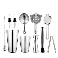 Ensemble complet du kit cocktail shaker Boston en inox argenté avec tous ses ustensiles