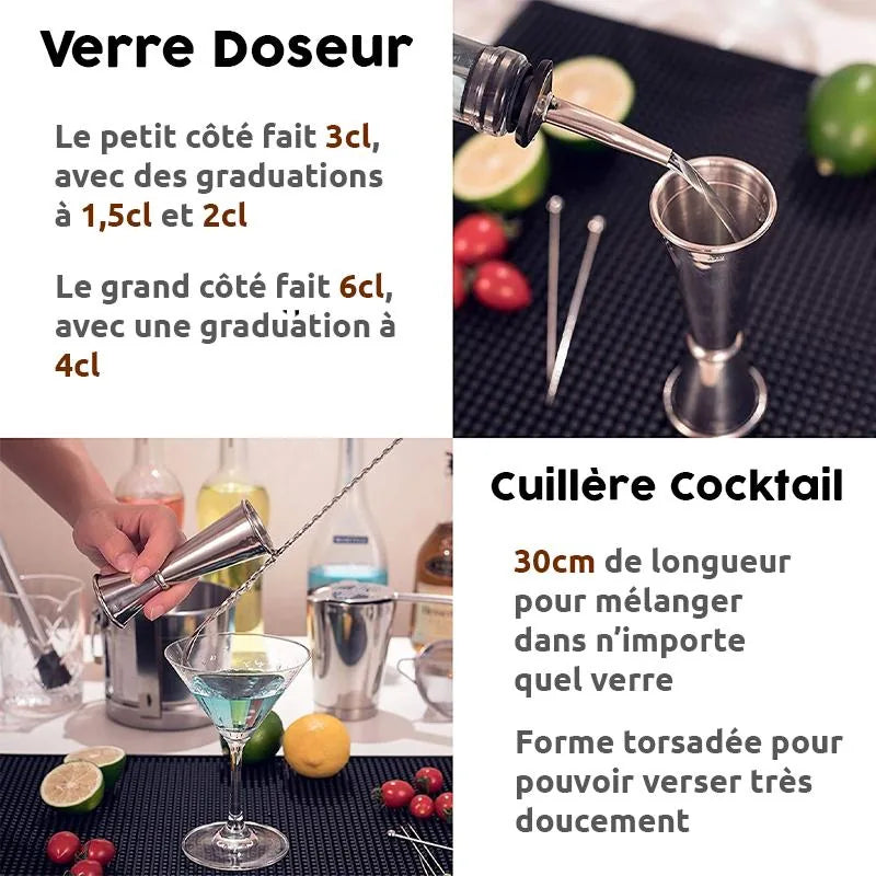 Infographie présentant les graduations du verre doseur et la longueur de la cuillère cocktail du kit
