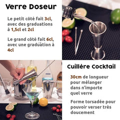 Infographie présentant les graduations du verre doseur et la longueur de la cuillère cocktail du kit