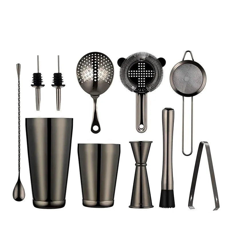 Ensemble complet du kit cocktail shaker Boston en finition noire avec tous ses ustensiles