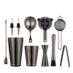 Ensemble complet du kit cocktail shaker Boston en finition noire avec tous ses ustensiles