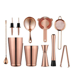 Ensemble complet du kit cocktail shaker Boston en finition rose gold avec tous ses ustensiles