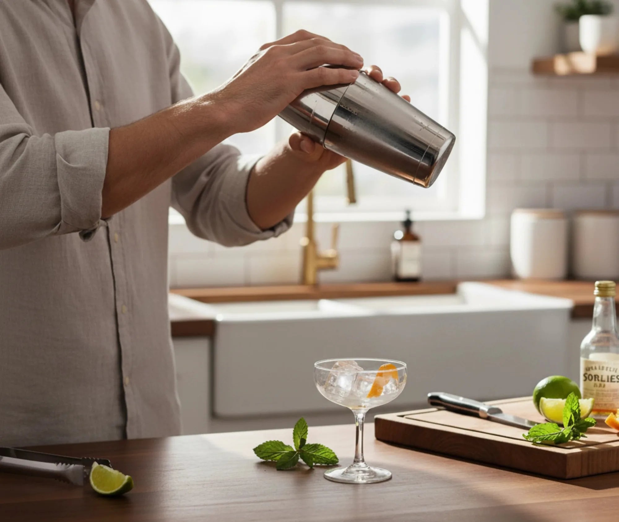 Homme préparant un cocktail dans sa cuisine avec le shaker Boston