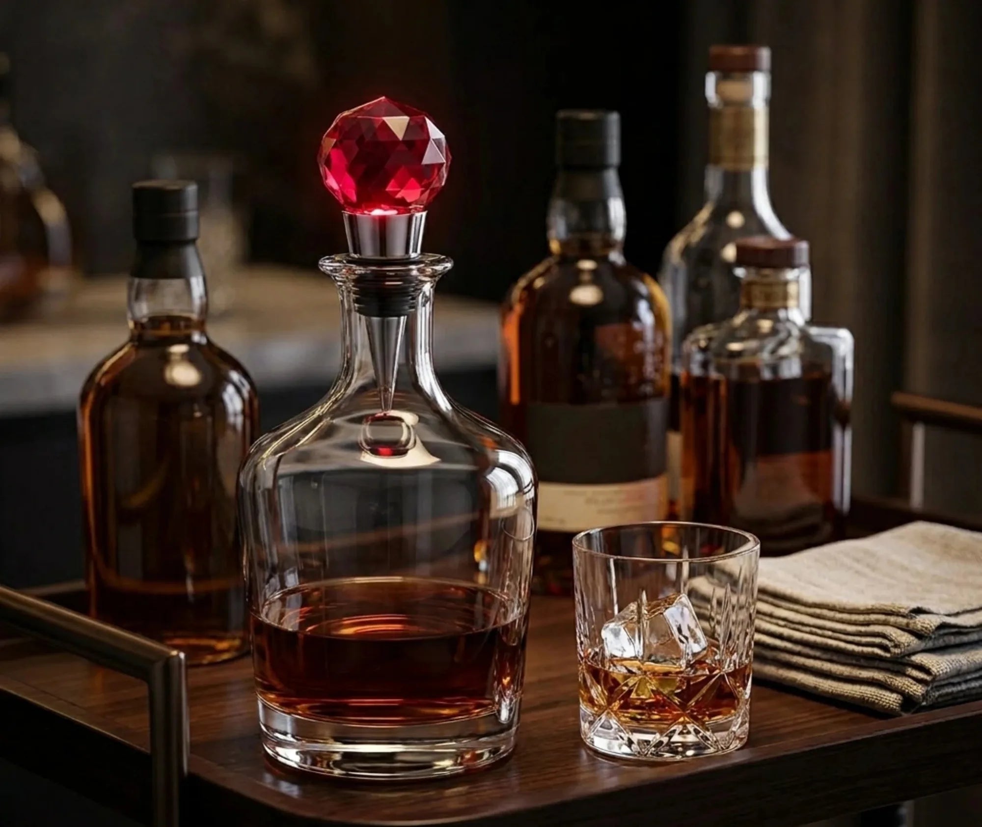 Bouchon bille cristal rouge posé sur une carafe de whisky, ambiance chariot de bar avec plusieurs bouteilles de spiritueux