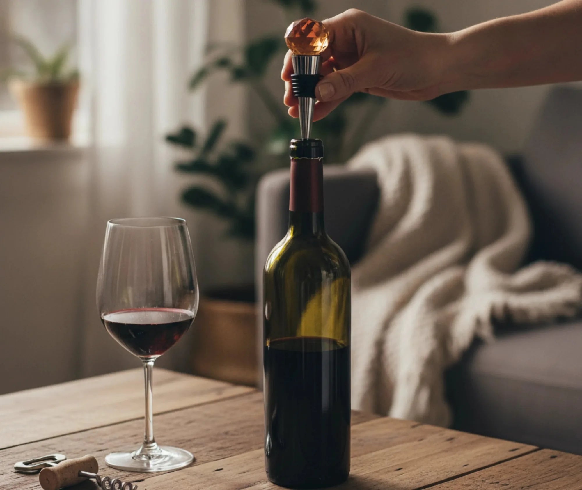 Main plaçant le bouchon bille ambre sur une bouteille de vin ouverte, ambiance salon cosy avec verre de vin et plante