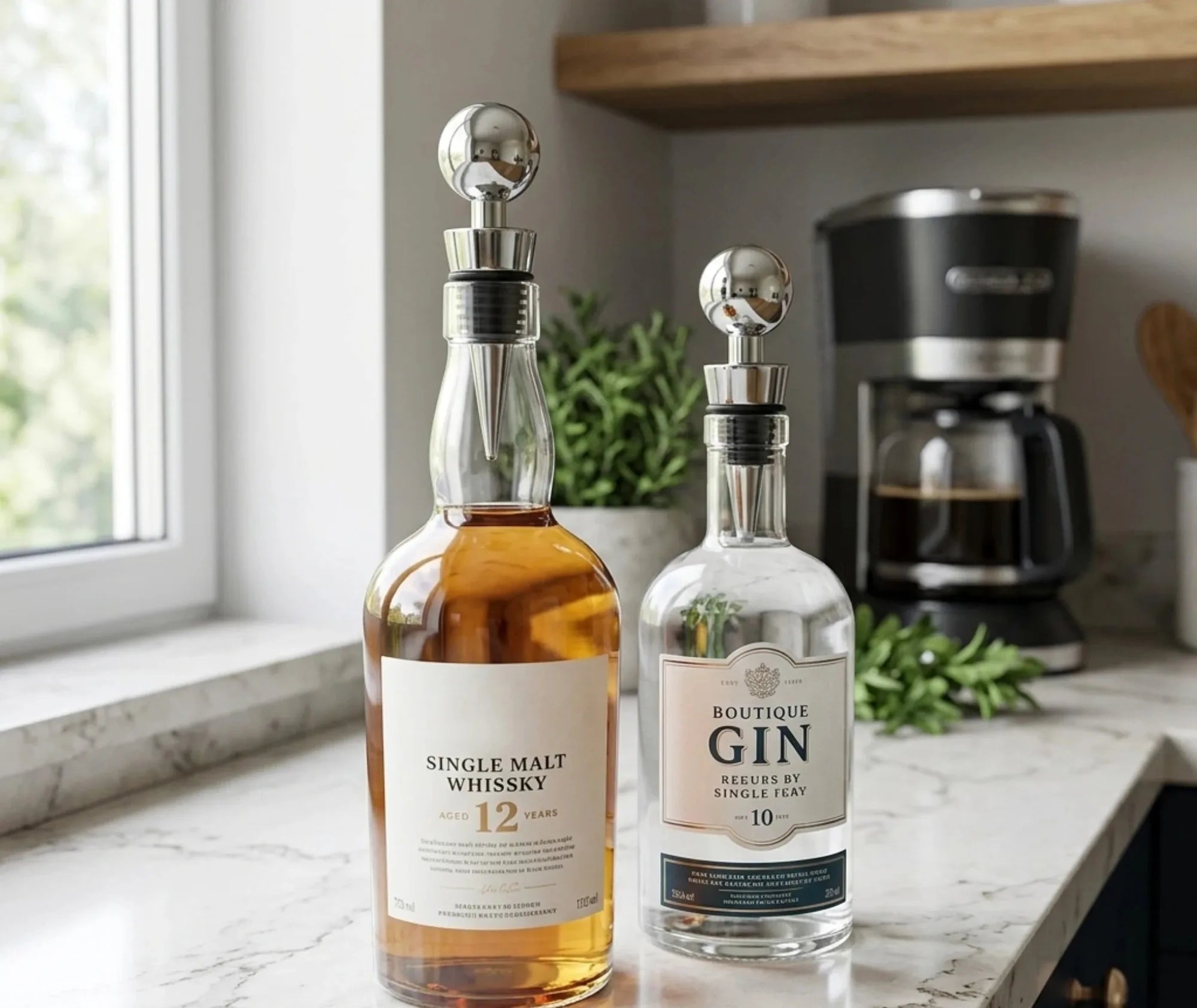 Deux bouteilles fermées par les bouchons métalliques, l'une de whisky ambré et l'autre de gin, posées sur un plan de travail de cuisine.