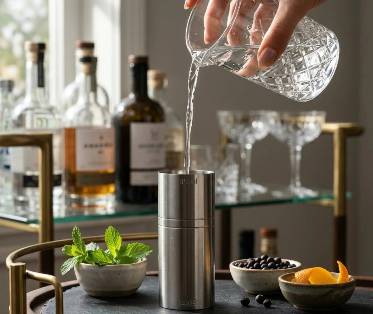 Eau versée depuis un verre à mélange dans le doseur gradué, posé sur un bar chic avec menthe fraîche, olives et zestes d'orange